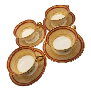 Vintage Lenox Cranberry and Gold Ivory Fine China Tea Cups and Saucers (Set of 4), Numbered