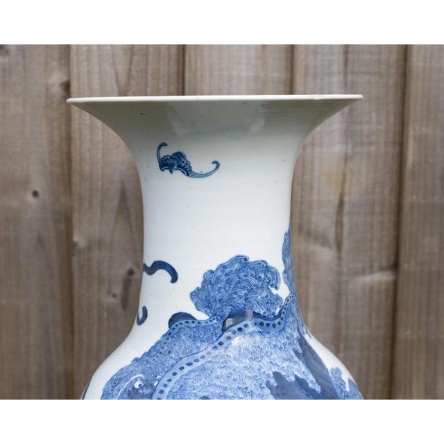 Ceramic Large Antique 19th Century Qing Chinese Blue & White Foo Dog Porcelain Vase For Sale - Image 7 of 18
