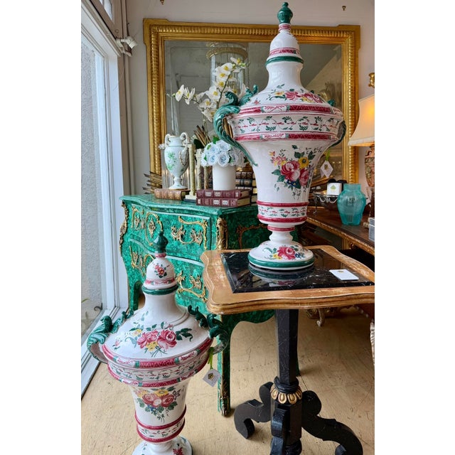 French 1 of 2 Huge Antique French Faience Pottery Covered Urn For Sale - Image 3 of 7