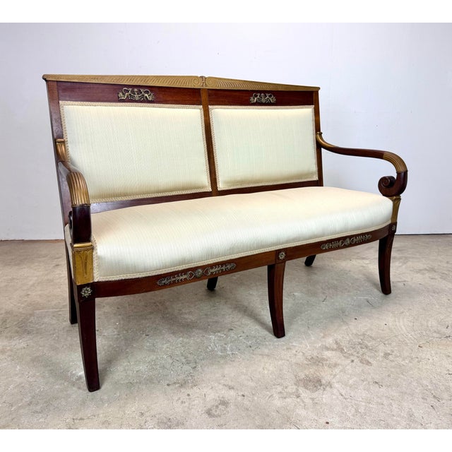 Antique French Empire Parlor Suite Set Settee & King / Queen Armchairs Restored For Sale - Image 4 of 12