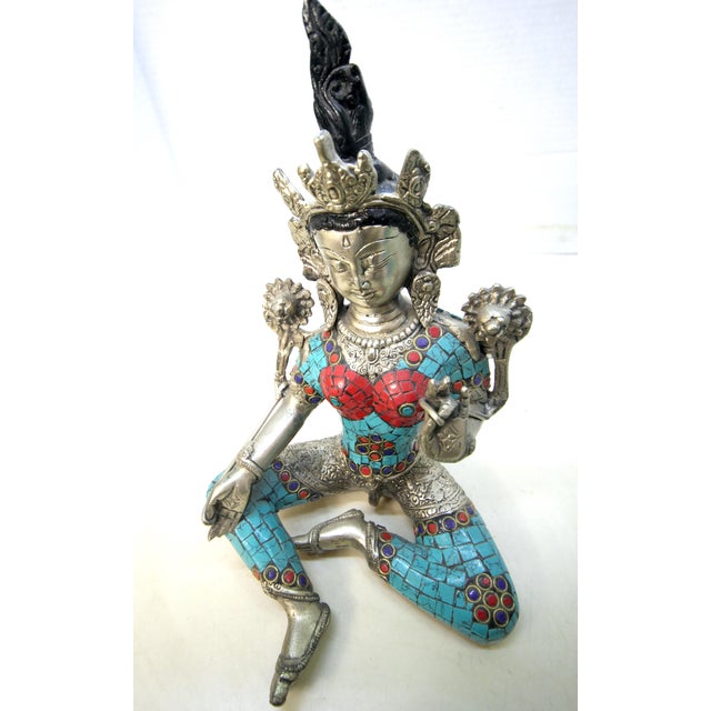 Late 20th Century Mid-Century Tibetan-Style Inlaid Brass Green Tara Statue – 11" H For Sale - Image 5 of 18