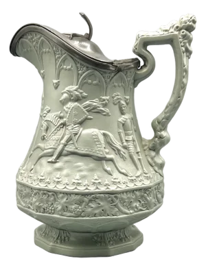 Gothic Revival Ceramic Relief Jug with Pewter Mount from W. Ridgway & Son, England, 1840s