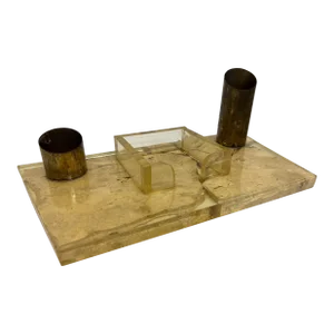Brazilian Mid-Century Resin Encased Travertine Desk Organizer, 1970s