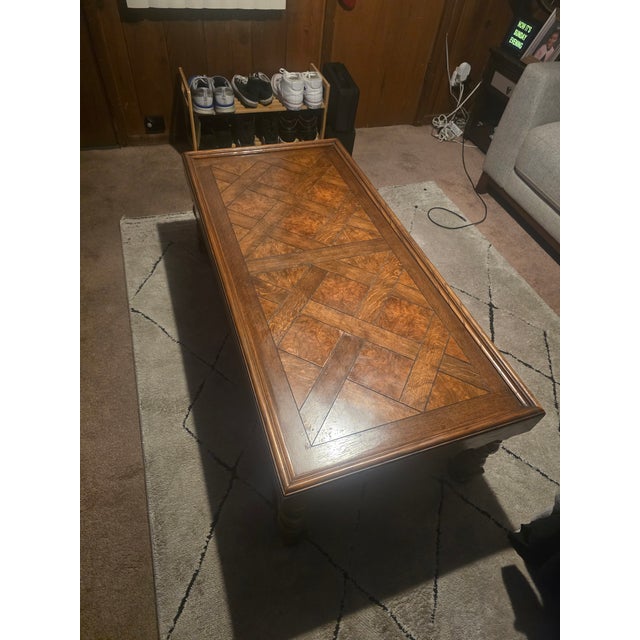 1970s Baker Furniture French Country Coffee Table With Parquetry Top and Carved Legs- Style No. 839 For Sale - Image 5 of 9