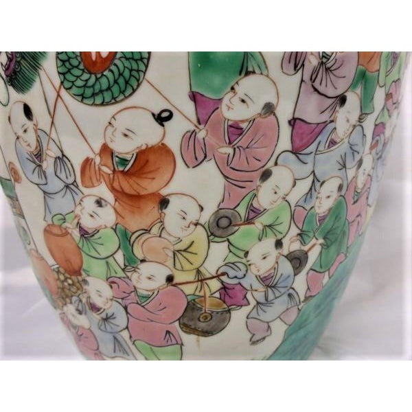 1970s Classic Chinese Hand Painted Vase 100 Kids Playing in Temple Garden For Sale In Wichita - Image 6 of 10