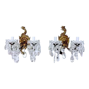 1930s Bronze Sconces With Crystal Prisms - a Pair