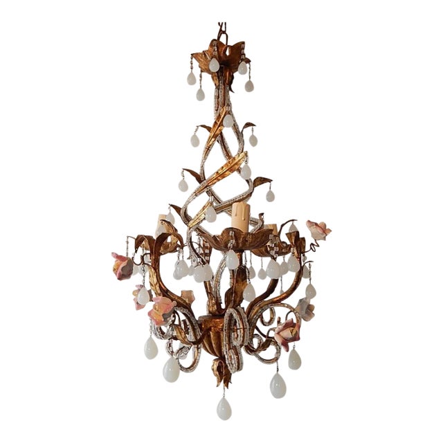 French Tole Beaded Roses and White Opaline Drops Chandelier For Sale