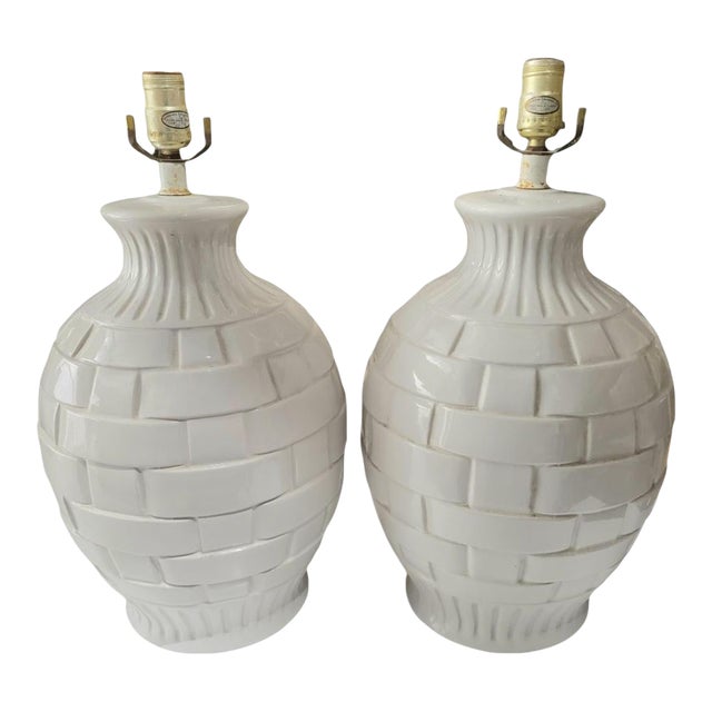 Vintage Large Ceramic Lattice Work Porcelain Regency Table Lamps - a Pair For Sale