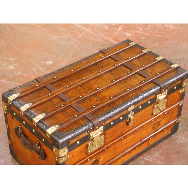 19th C. French Parisian Travel Trunk Coffee Table With Brass and Iron Hardware For Sale In Dallas - Image 6 of 16