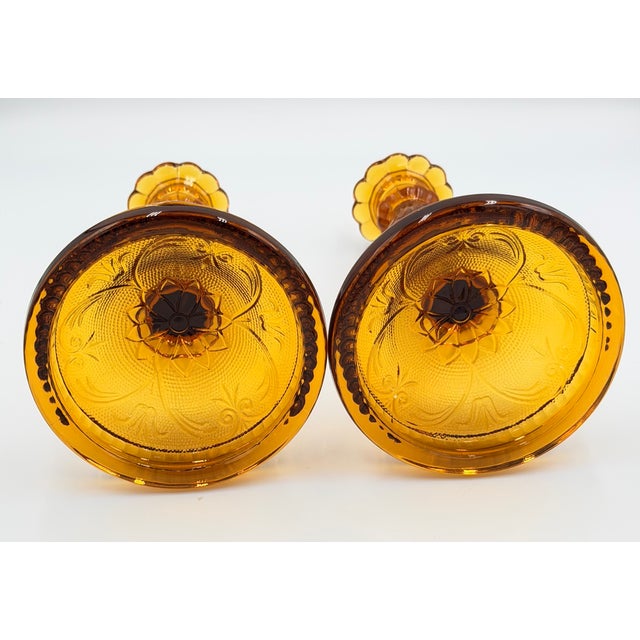 1960s 1960s Brockway Indiana Glass Large Tiara Amber Sandwich Candlesticks 9" Set For Sale - Image 5 of 7