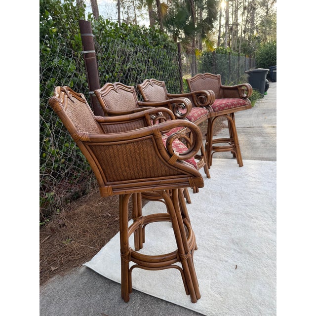 English Set of 4 Vintage 30" Tommy Bahama Style Swivel Barstools For Sale - Image 3 of 17