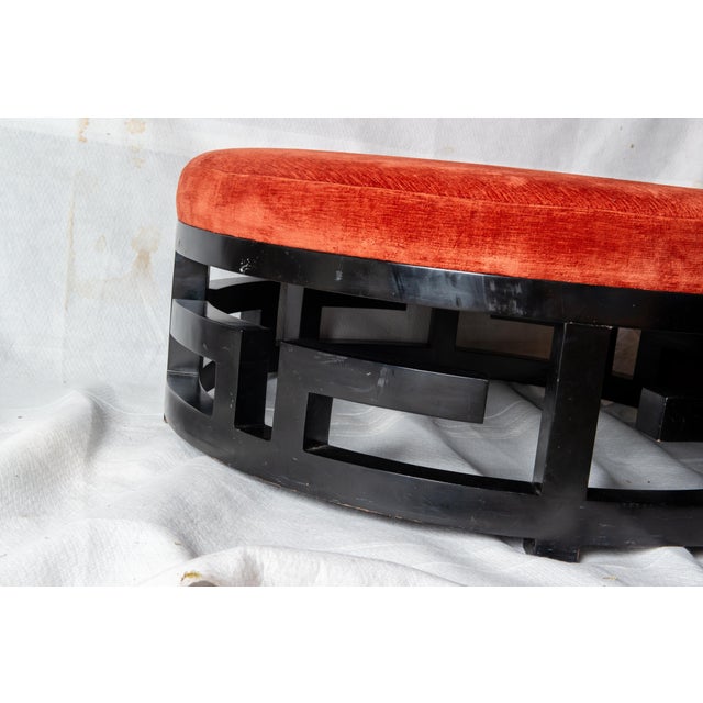 Greek Key Round Ottoman, Wood Base, Orange-Red Velvet, 1980s For Sale - Image 10 of 13