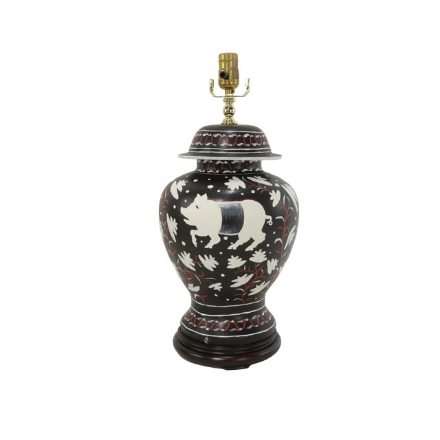 Vintage Brunschwig & Fils Table Lamp - Black and Cream Ceramic With Boar and Deer Motif - a Pair For Sale - Image 4 of 12