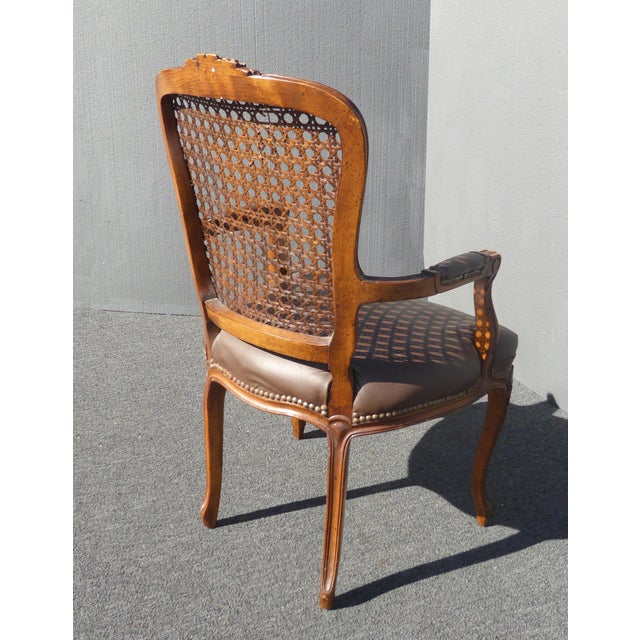 Vintage French Provincial Style Carved Wood Brown Cane Back Accent