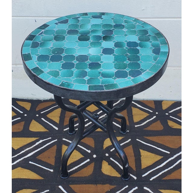 Metal 16" Emerald Aqua Moroccan Mosaic Table For Sale - Image 7 of 7