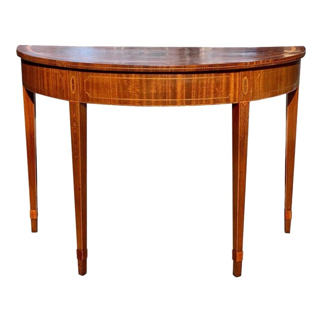 Antique Mahogany Demilune Console Table W/ Satinwood Bellflower Inlays For Sale