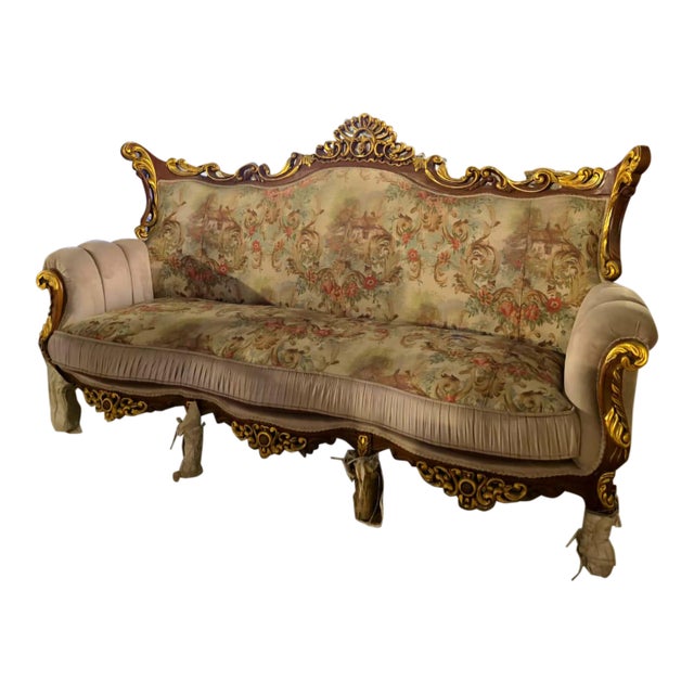 French Rococo Three-Seat Sofa With Floral Upholstery & Ornate Gold Leaf Carvings For Sale