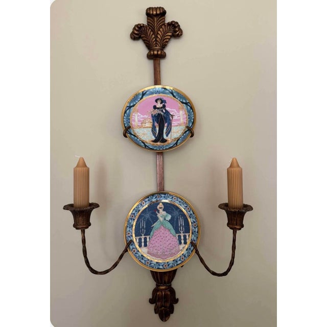 Beautiful fleur-de-lis and scrolling foliate design, two curved arms, giltwood-style candle sconces in a long, narrow...
