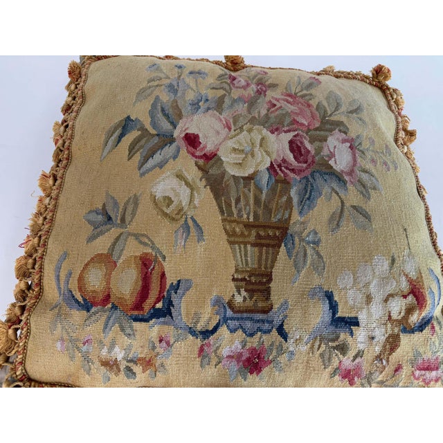 French Aubusson Style Tapestry Pillow with Silk Velvet Backing For Sale - Image 10 of 15