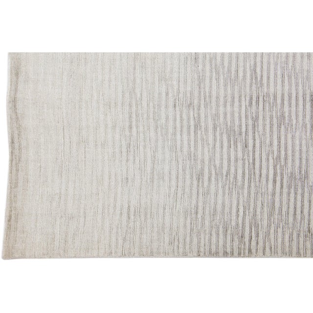 2010s Contemporary Handmade Wool & Silk Rug With Silver Gray Stripe Motif For Sale - Image 4 of 7