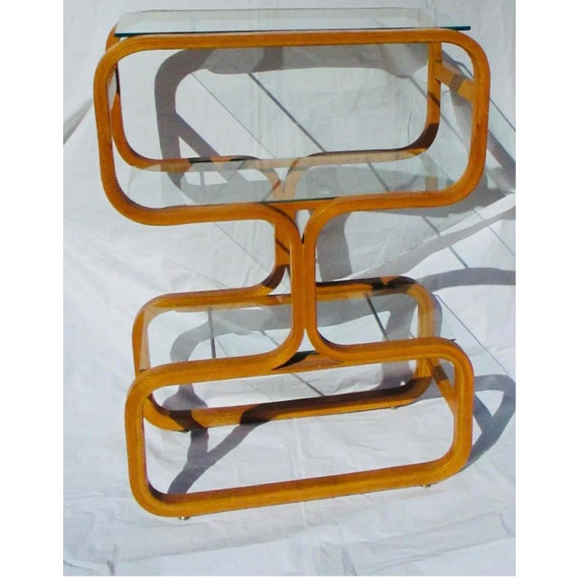 Mid-Century Modern Vintage MCM Mid Century Plycraft Attributed Étagère Oak Glass Wood Shelving Unit Bookcase Display For Sale - Image 3 of 12