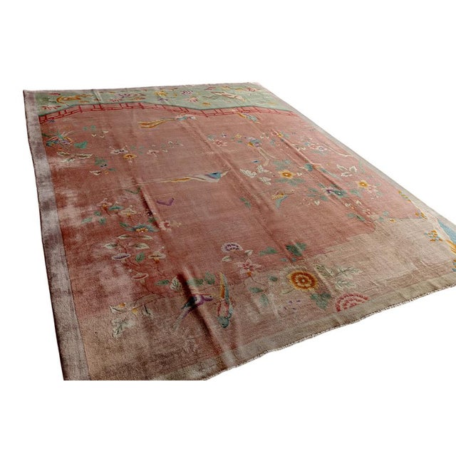 Apricot 1920s Scenic Coral Antique Chinese Art Deco Bird Knotted Wool Carpet Rug For Sale - Image 8 of 11