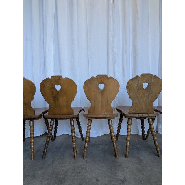 Wood Vintage Tyrolean Heart Cutout Wooden Dining Chairs, 1970s, Set of 6 For Sale - Image 7 of 18