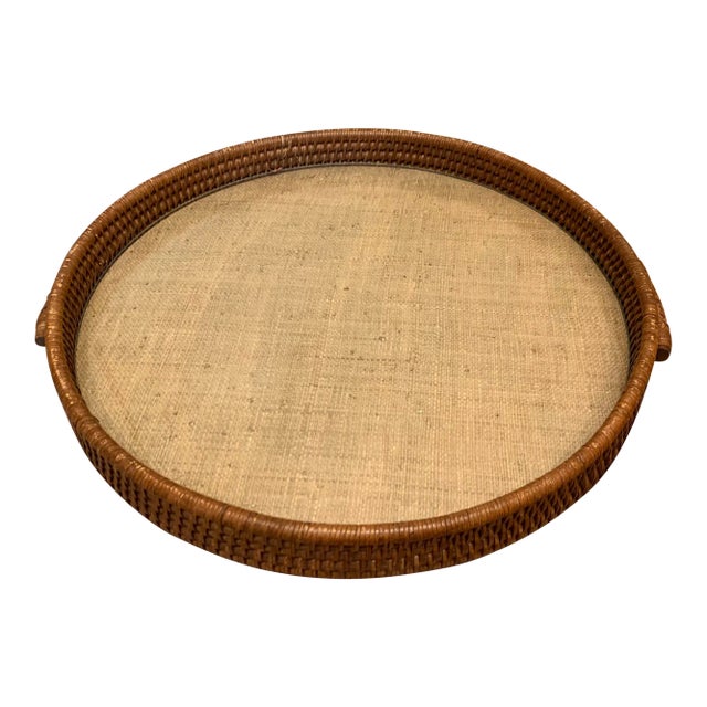 Vintage Wicker Tray With Glass Insert For Sale