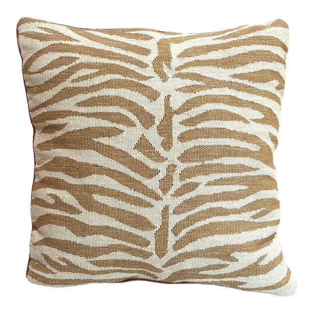Tan/Cream Woven Zebra Down-Filled Pillow W/ Rust Velvet Backing For Sale