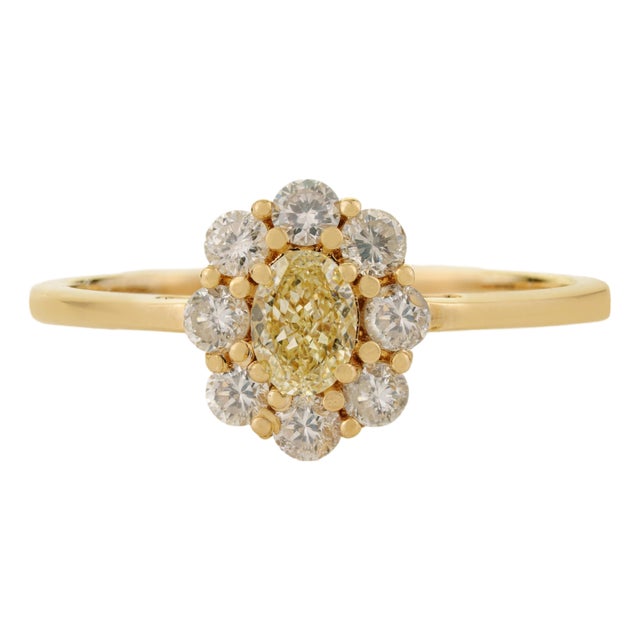 Vintage-Inspired Natural Yellow Diamond Cluster Engagement Ring 14k Gold Size 4 For Sale
