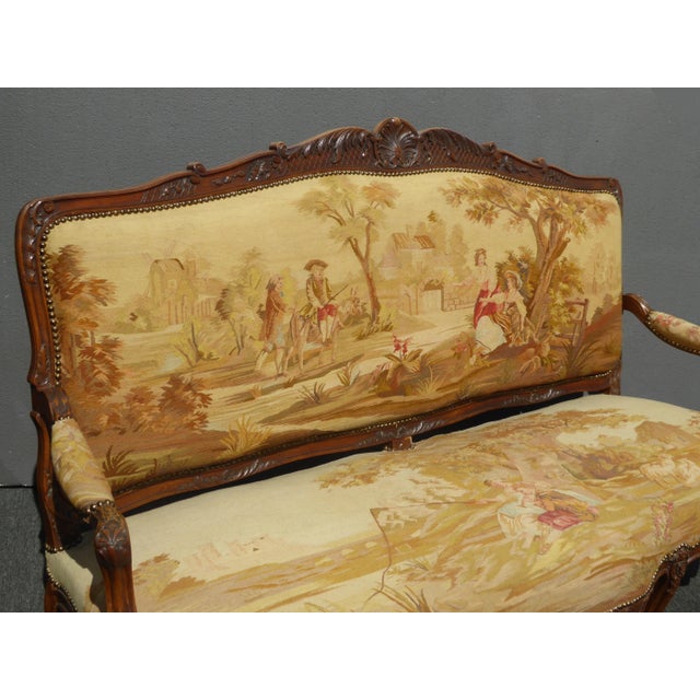 1920s Antique French Louis XV Walnut Gold Tapestry Settee Canape "Country Setting" For Sale - Image 5 of 13