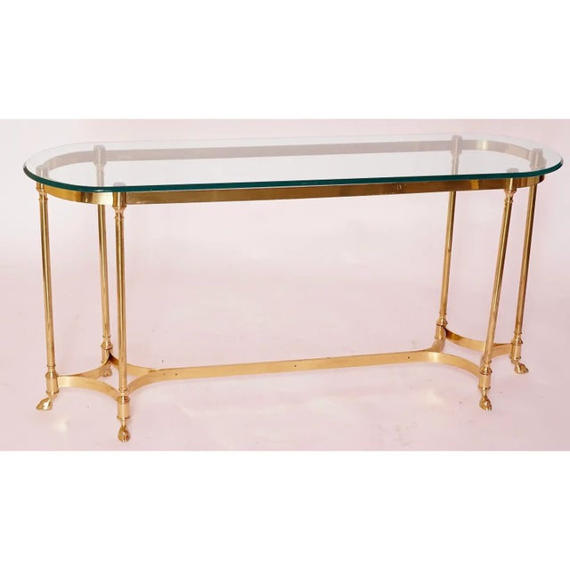 Labarge 1980s Vintage Labarge Brass Glass Top Oval Hoofed Feet Console Table For Sale - Image 4 of 4