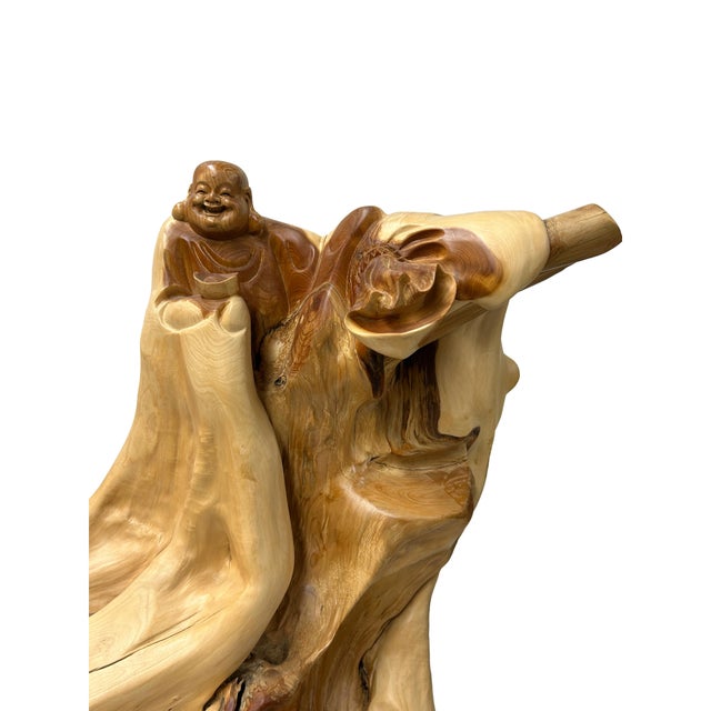 Cypress Root Wood Carved Irregular Happy Buddha Statue Artistic Figure For Sale - Image 9 of 9