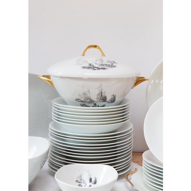French Porcelain Dinner Service with Grisaille Scenes from Limoges Raynaud, 1960s, Set of 38 For Sale - Image 4 of 9