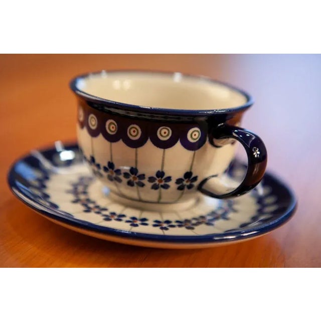 Blue Cups with Saucers in Bunzlauer Ceramic from Zakłady Ceramiczne Bolesławiec, Set of 4 For Sale - Image 8 of 11
