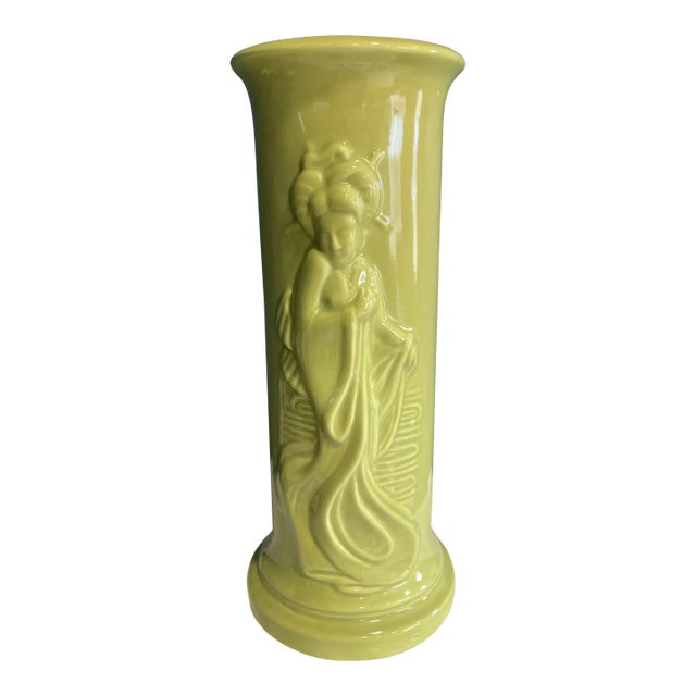 Vintage Chartreuse Green Ceramic Vase With Asian Woman Relief For Sale