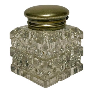 Antique English Art Deco Cut Crystal Inkwell Desk Accessory For Sale