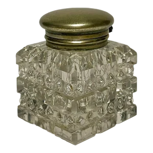 Antique English Art Deco Cut Crystal Inkwell Desk Accessory