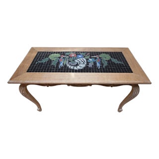 Vintage Coffee Table in Oak and Mosaic with Inlay Artwork, 1970s For Sale