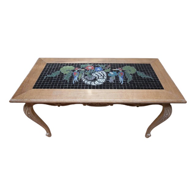 Vintage Coffee Table in Oak and Mosaic with Inlay Artwork, 1970s For Sale