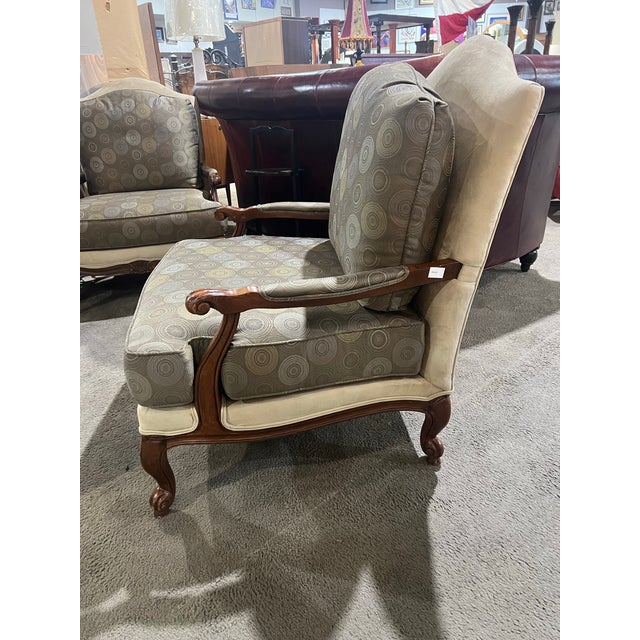 Ethan Allen Late 20th Century Ethan Allen Green and Gold Custom Fabric and Wood Bergere Chair For Sale - Image 4 of 5