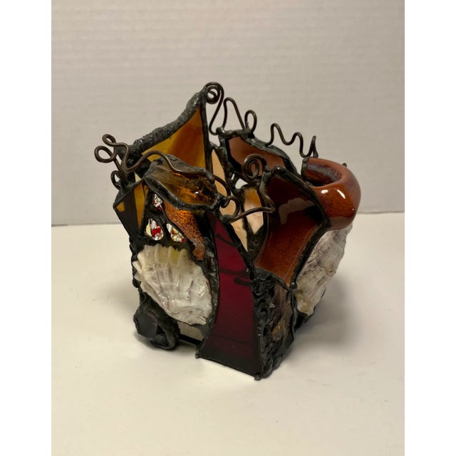 Abstract Vintage Stained Glass Natural Shell and Ceramic Mix Candle Holder Lantern For Sale - Image 3 of 11