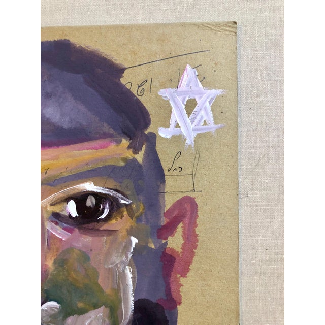 Folk Art Unknown, Outsider Folk Art Expressionist Rabbi Israeli Painting Signed Hebrew Jewish Star For Sale - Image 3 of 5