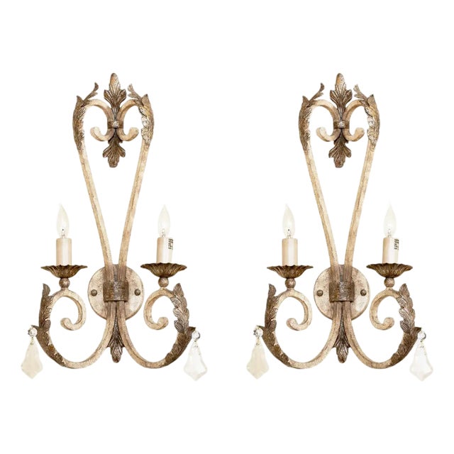 Vintage-Style White and Silver Hollywood Regency-Themed Wrought Iron Wall Lamps - a Pair For Sale