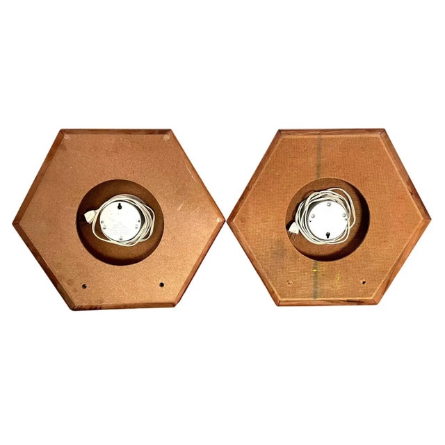 1960's Hexagon Wood & Tooled Leather Wall Clocks – Working Pair For Sale - Image 15 of 16