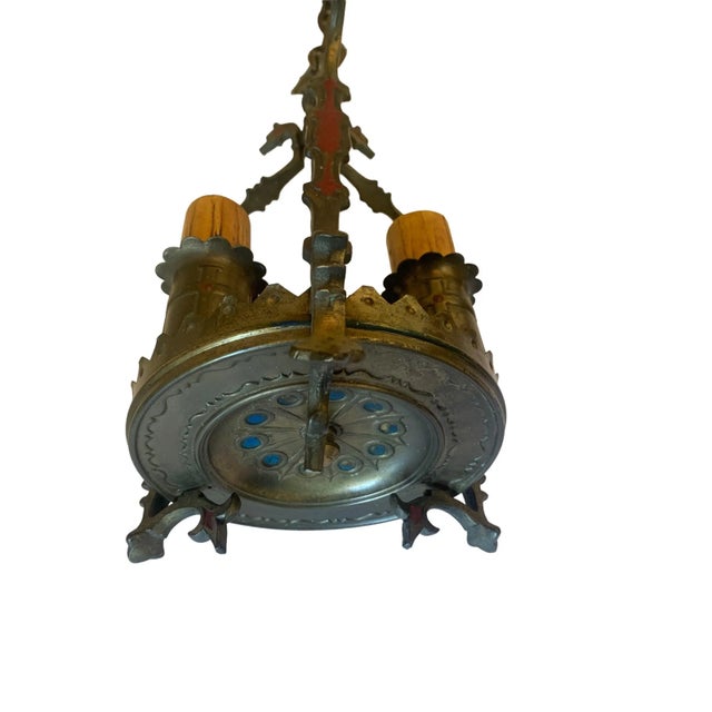 1920s Gothic Style Cast Bronze 3 Light Lantern Pendant With Old Paints, Circa 1920 For Sale - Image 5 of 8
