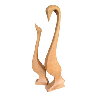 1978 H. Baigmohammad Signed Hand-Carved Modernist Wood Geese Sculptures – Pair For Sale
