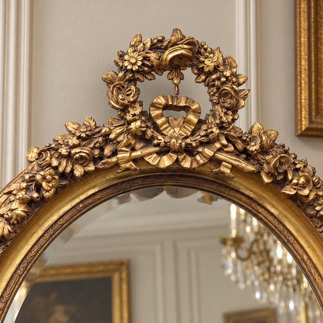 French 1970 Artisan Louis XVI Gold Beech Oval Wall Mirror For Sale - Image 3 of 10