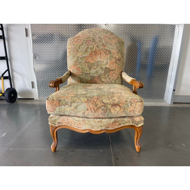 French Century Furniture French Style Bergère Armchairs in Floral Upholstery, a Pair For Sale - Image 3 of 12