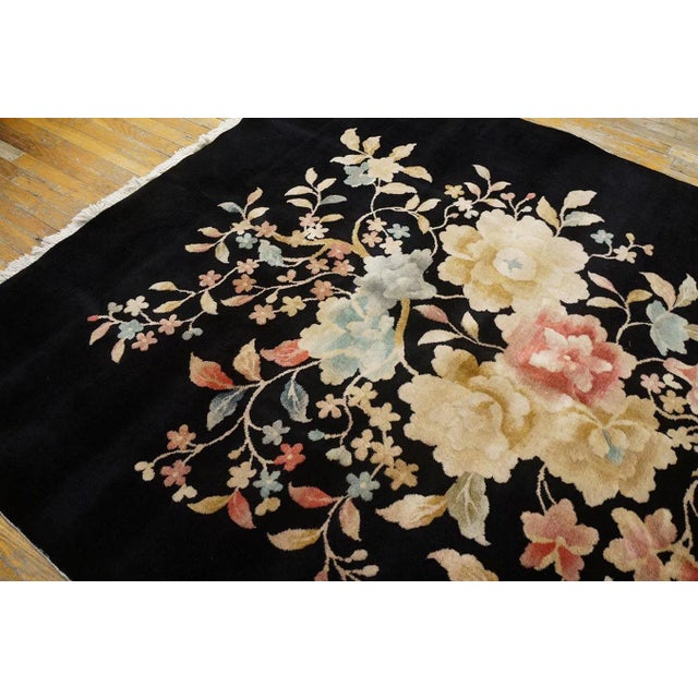 Black 1920s Black Floral Antique Chinese Art Deco Carpet 5'9" X 8'6" by Nichols Workshop Knotted Wool Rug For Sale - Image 8 of 12